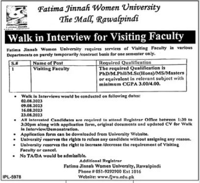 Latest Fatima Jinnah University Jobs 2023 Online Apply Official Advertisement